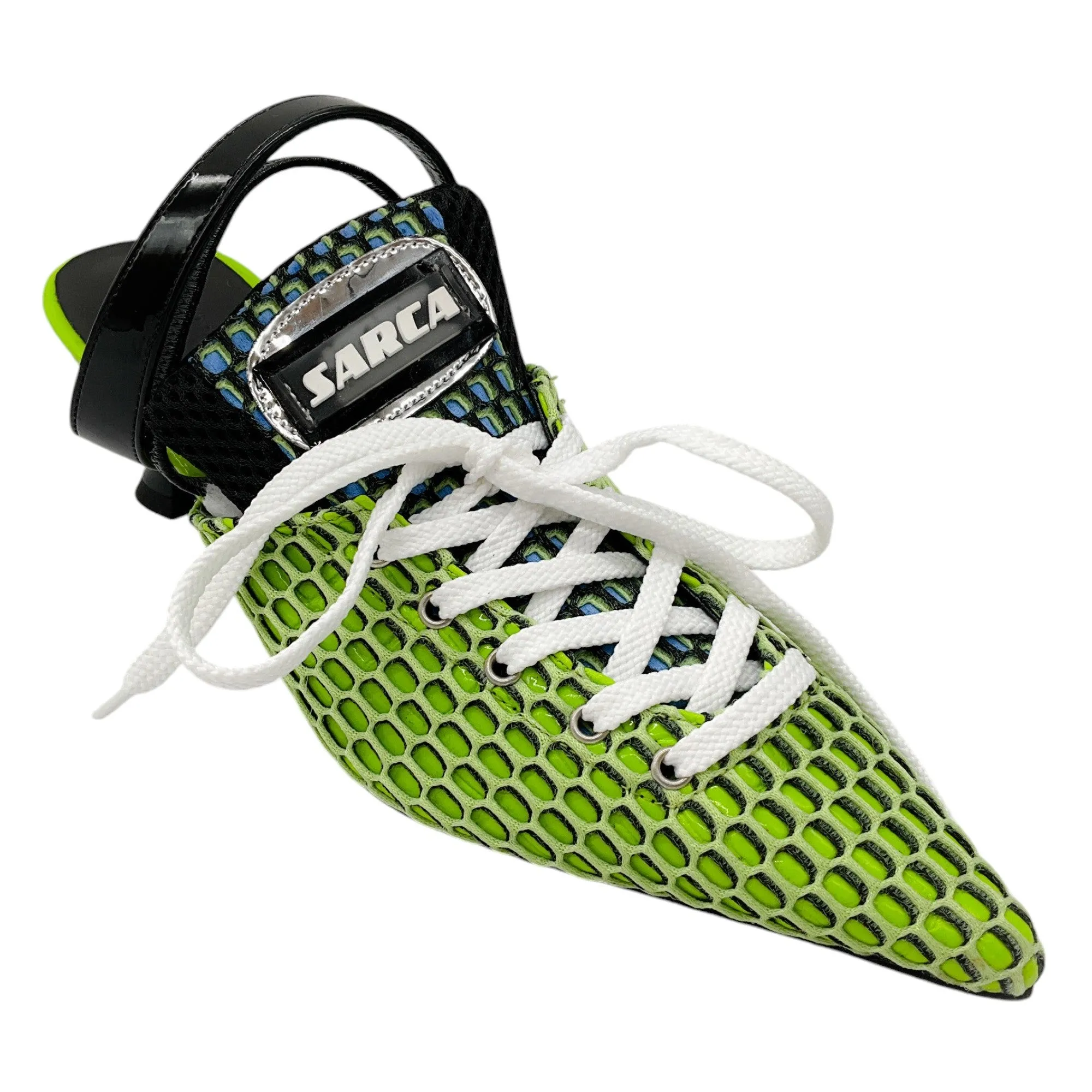 Ancuta Sarca Lime Green A2 Slingback Lace-up Upcycled Textile Kitten Heels
