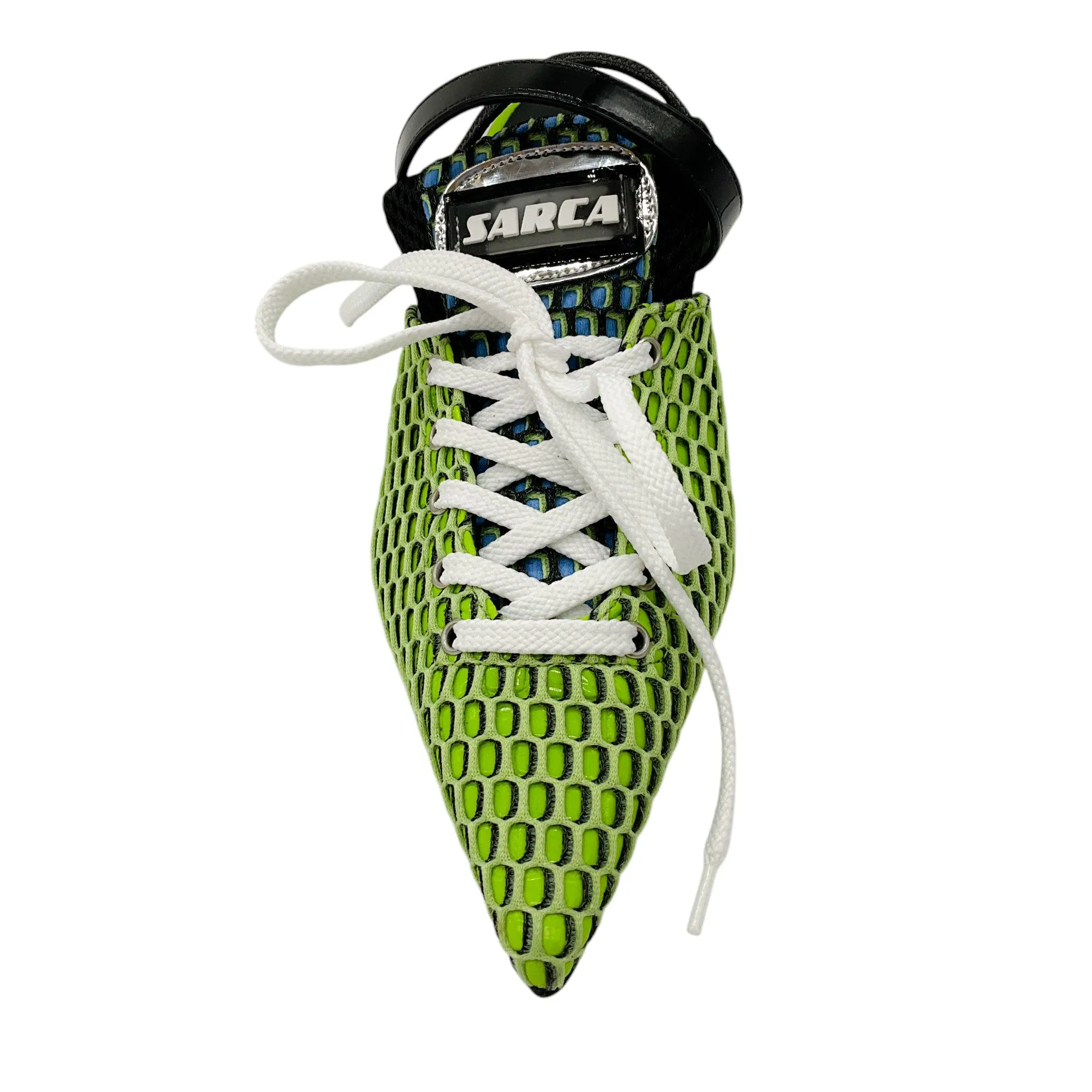 Ancuta Sarca Lime Green A2 Slingback Lace-up Upcycled Textile Kitten Heels
