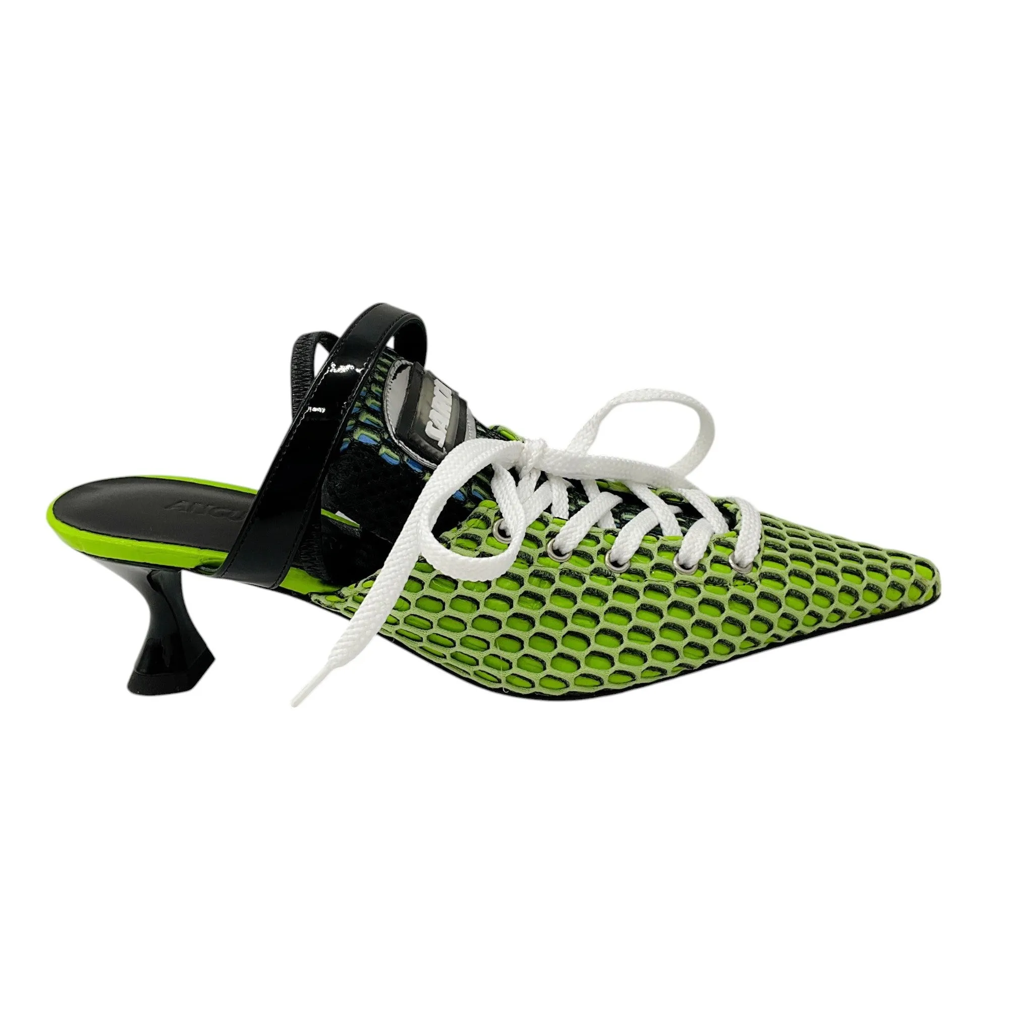 Ancuta Sarca Lime Green A2 Slingback Lace-up Upcycled Textile Kitten Heels