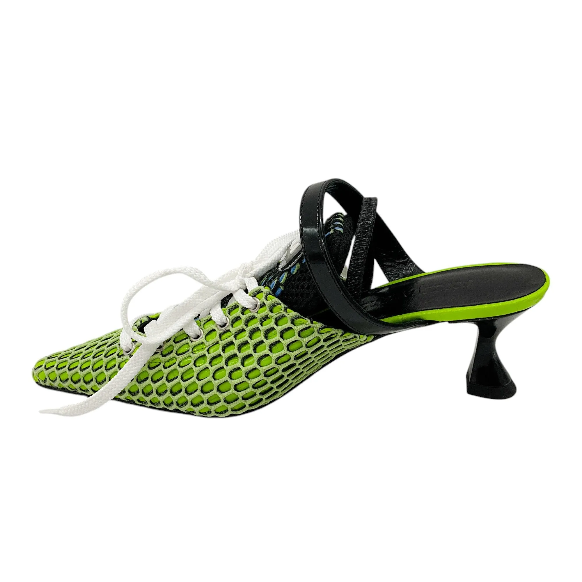 Ancuta Sarca Lime Green A2 Slingback Lace-up Upcycled Textile Kitten Heels