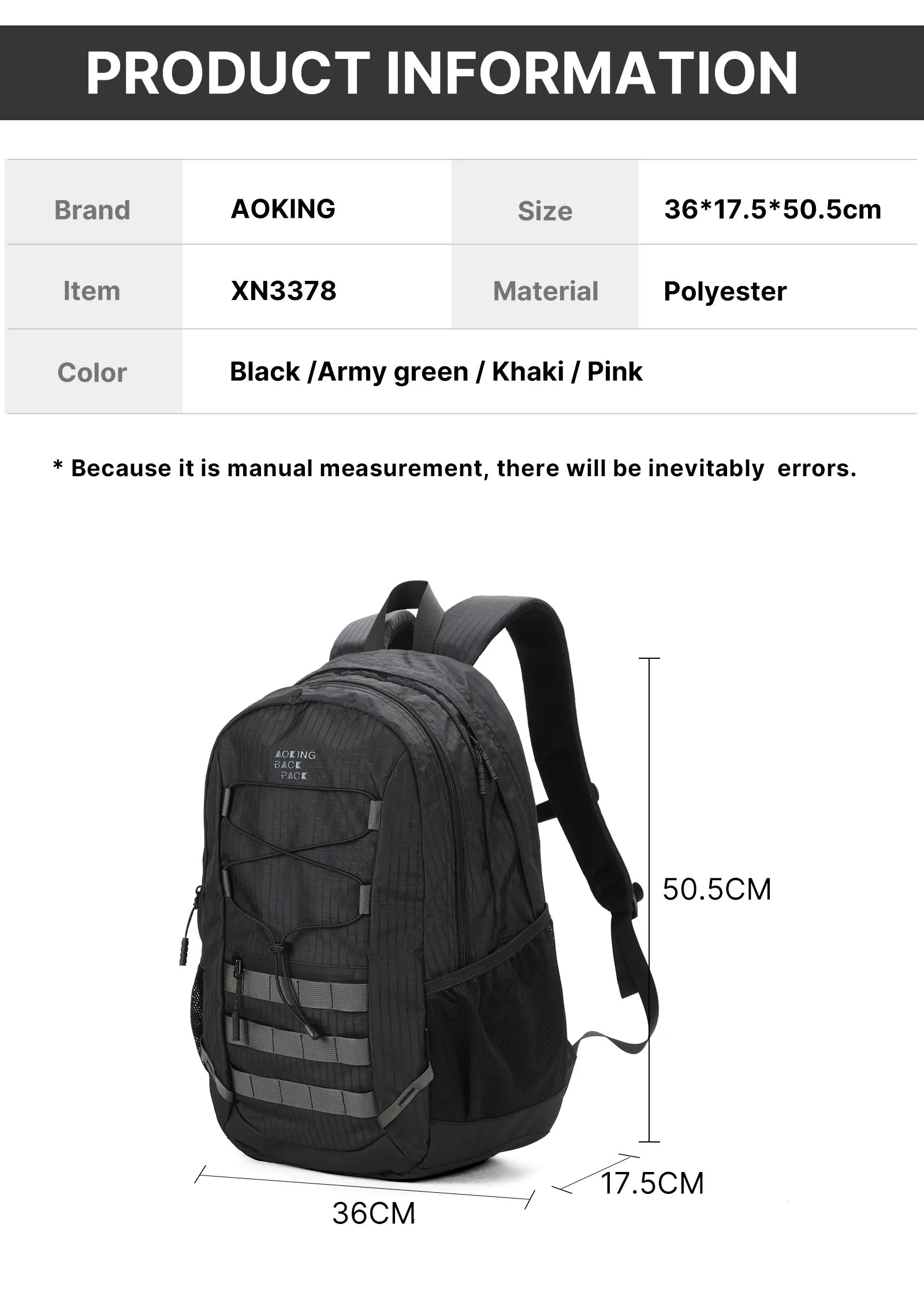 Aoking Backpack Black Casual Backpack Student Bag XN3378