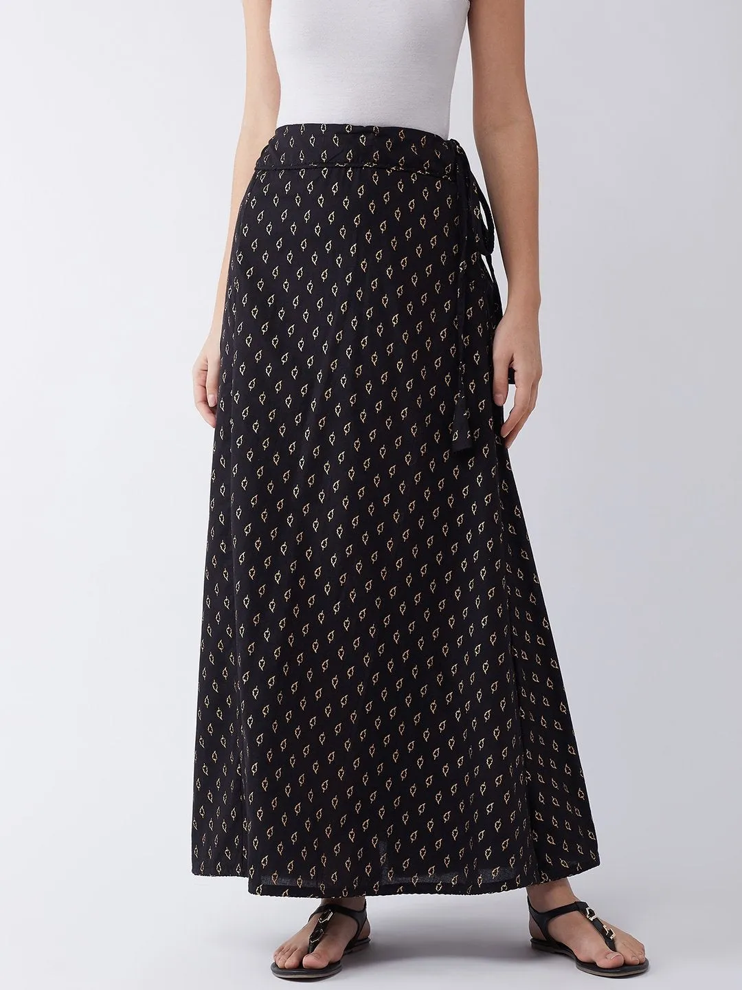 Black Gold Leaf Print Skirt