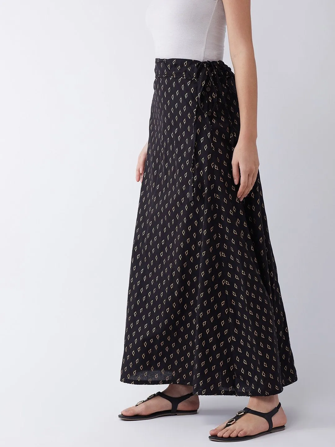 Black Gold Leaf Print Skirt