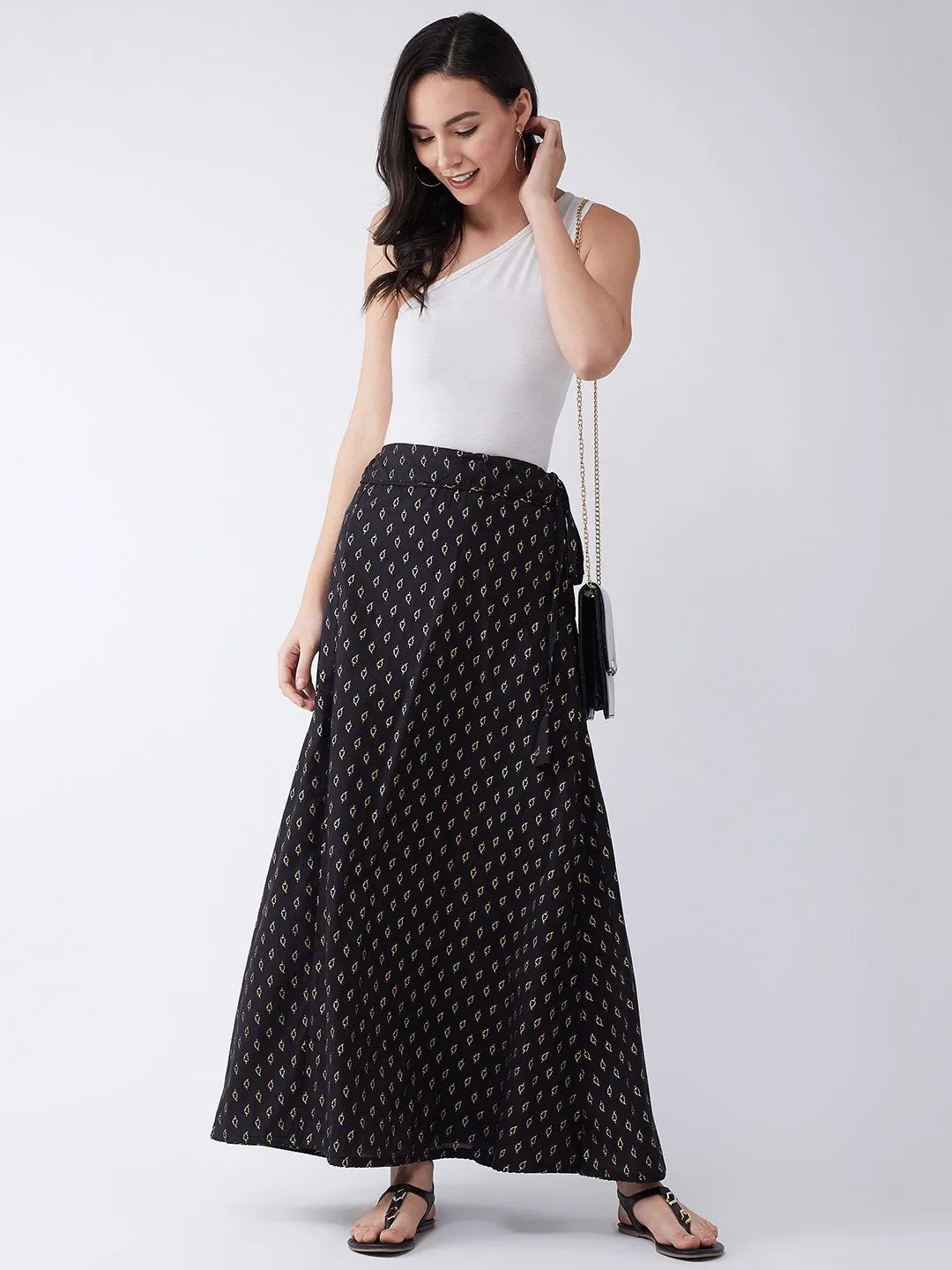 Black Gold Leaf Print Skirt