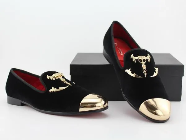 Black Men Loafers with Skull Buckle and Gold Toe Details