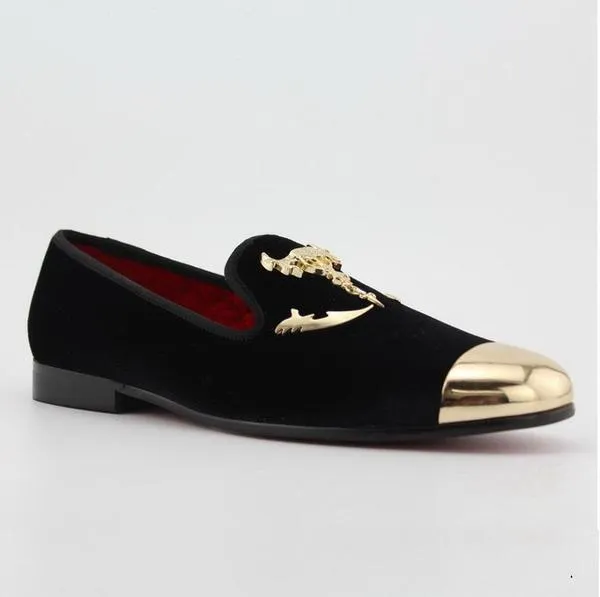 Black Men Loafers with Skull Buckle and Gold Toe Details