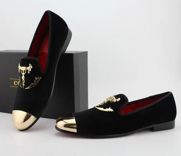 Black Men Loafers with Skull Buckle and Gold Toe Details