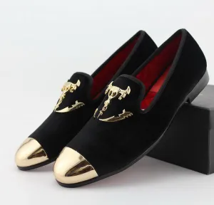 Black Men Loafers with Skull Buckle and Gold Toe Details