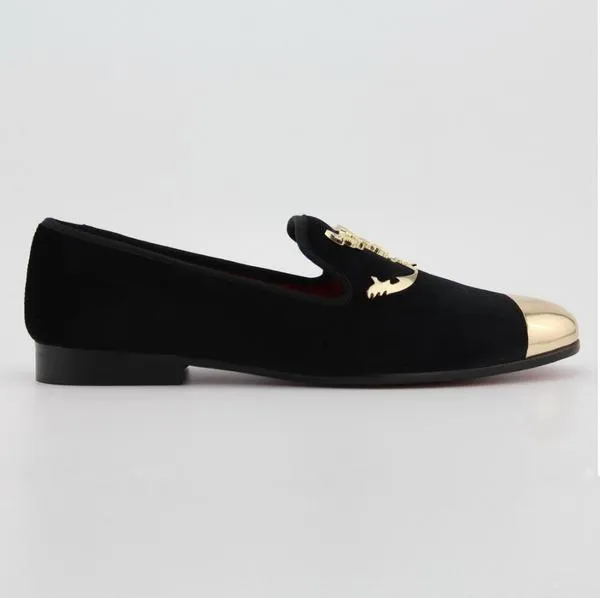 Black Men Loafers with Skull Buckle and Gold Toe Details