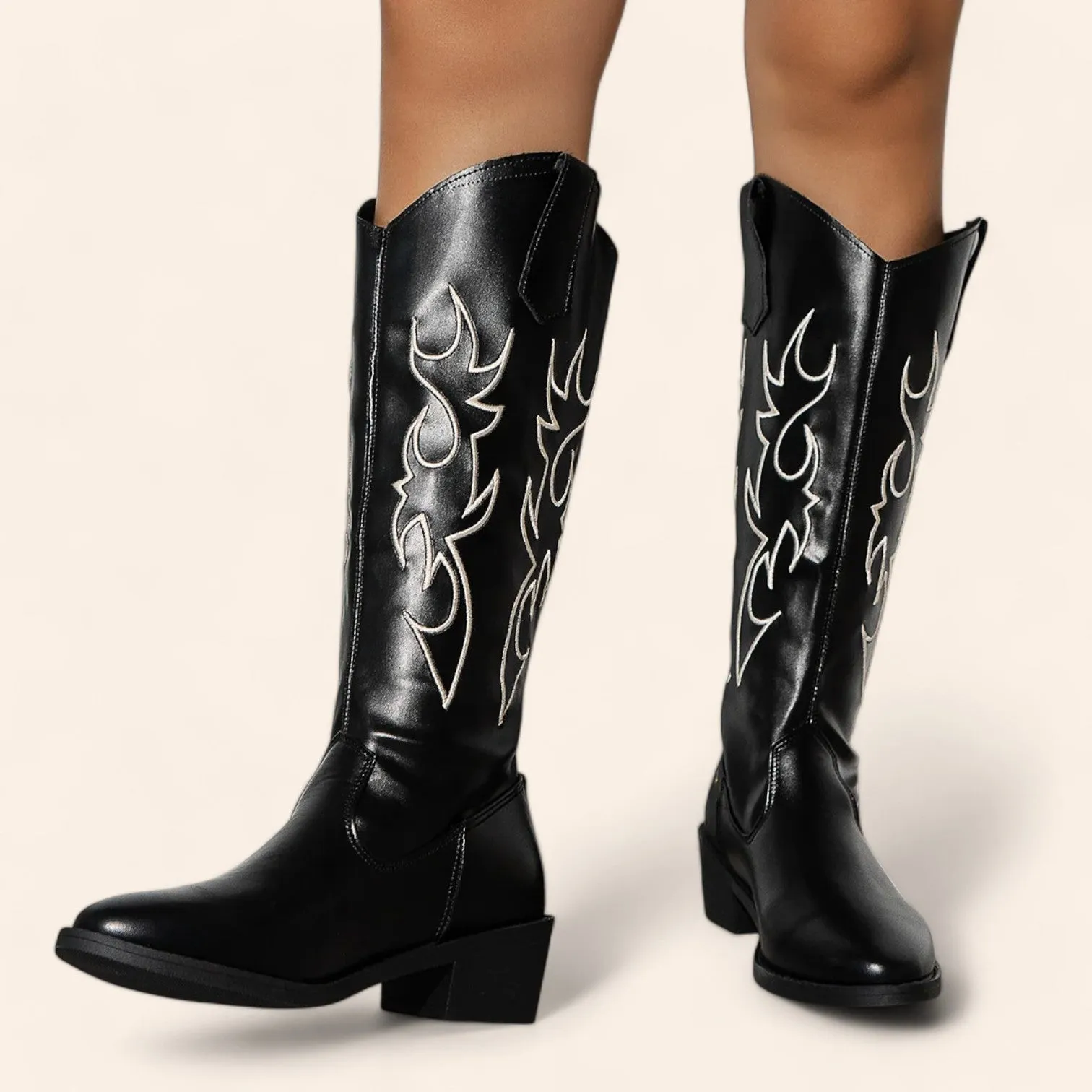 Black smooth leather cowboy boots with embroidery - N°111