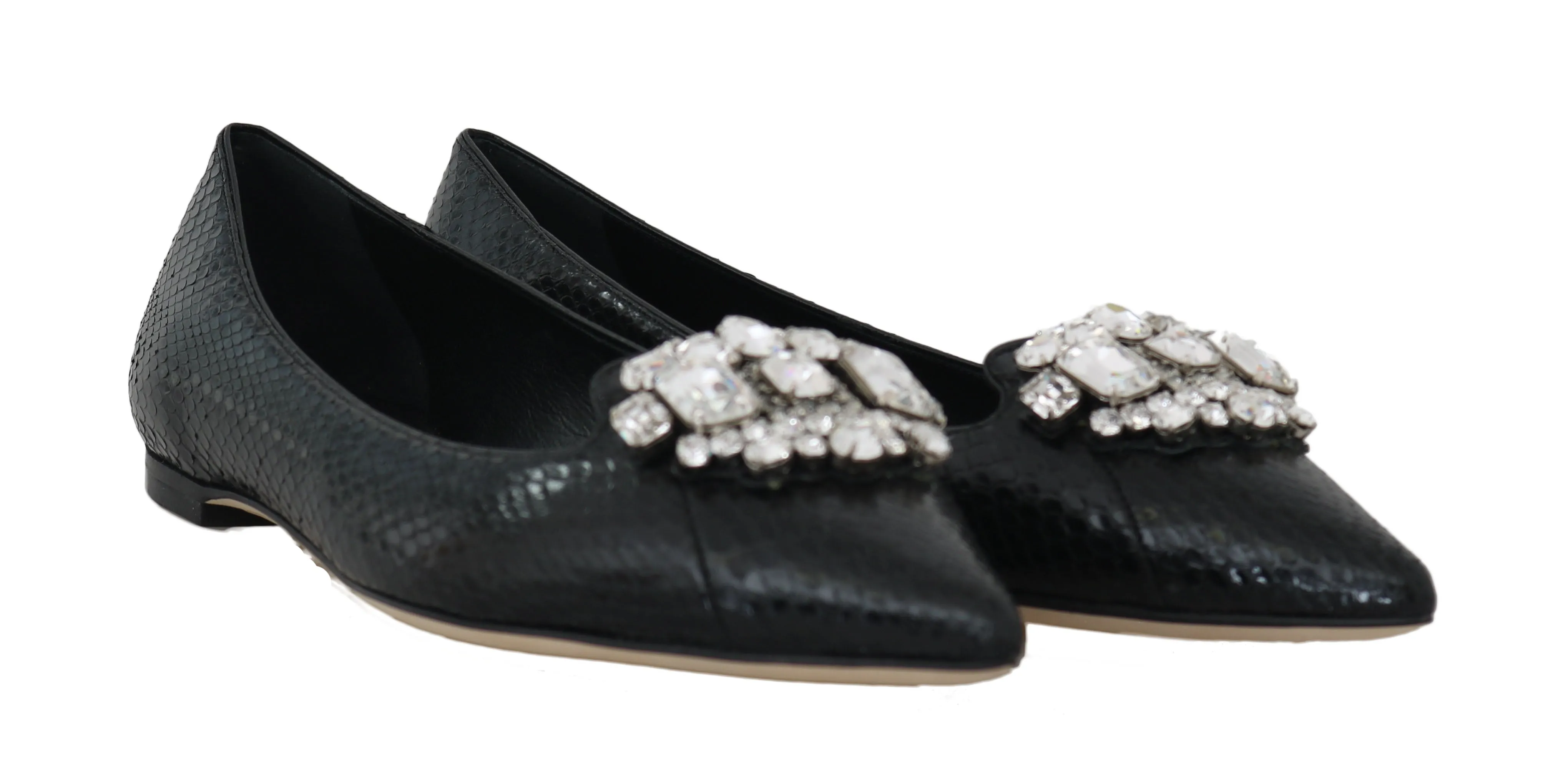 Black Snakeskin Crystal Ballet Flats