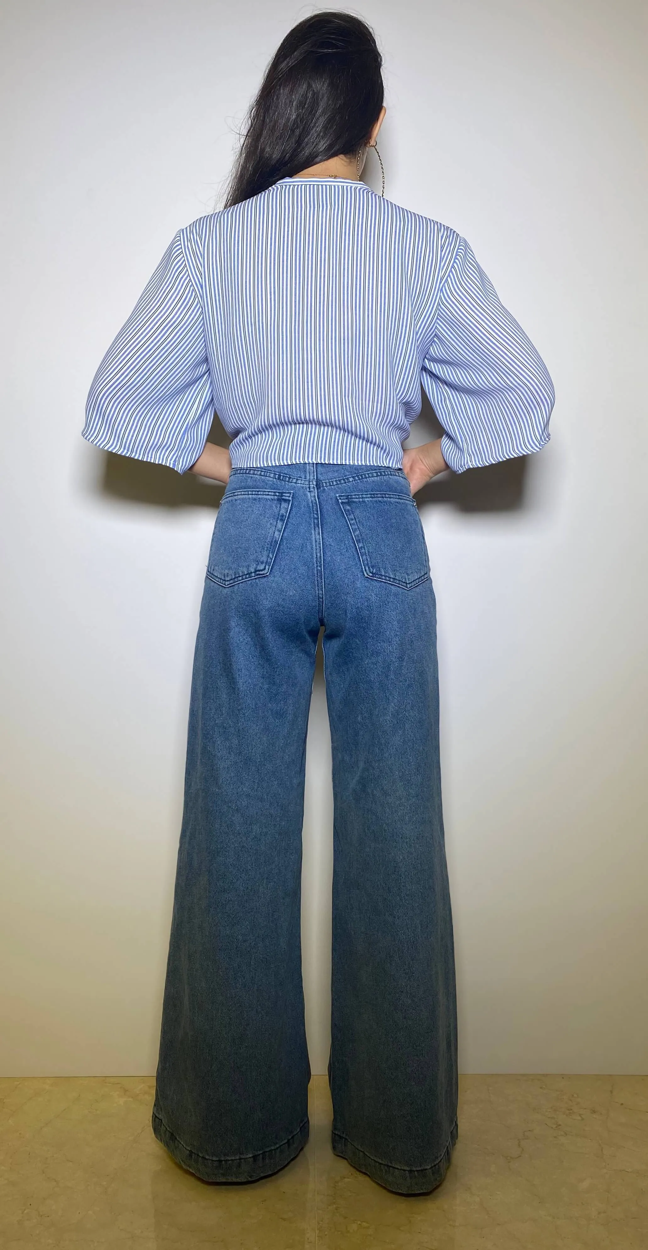 Blue and White Striped Front Tie Crop Top