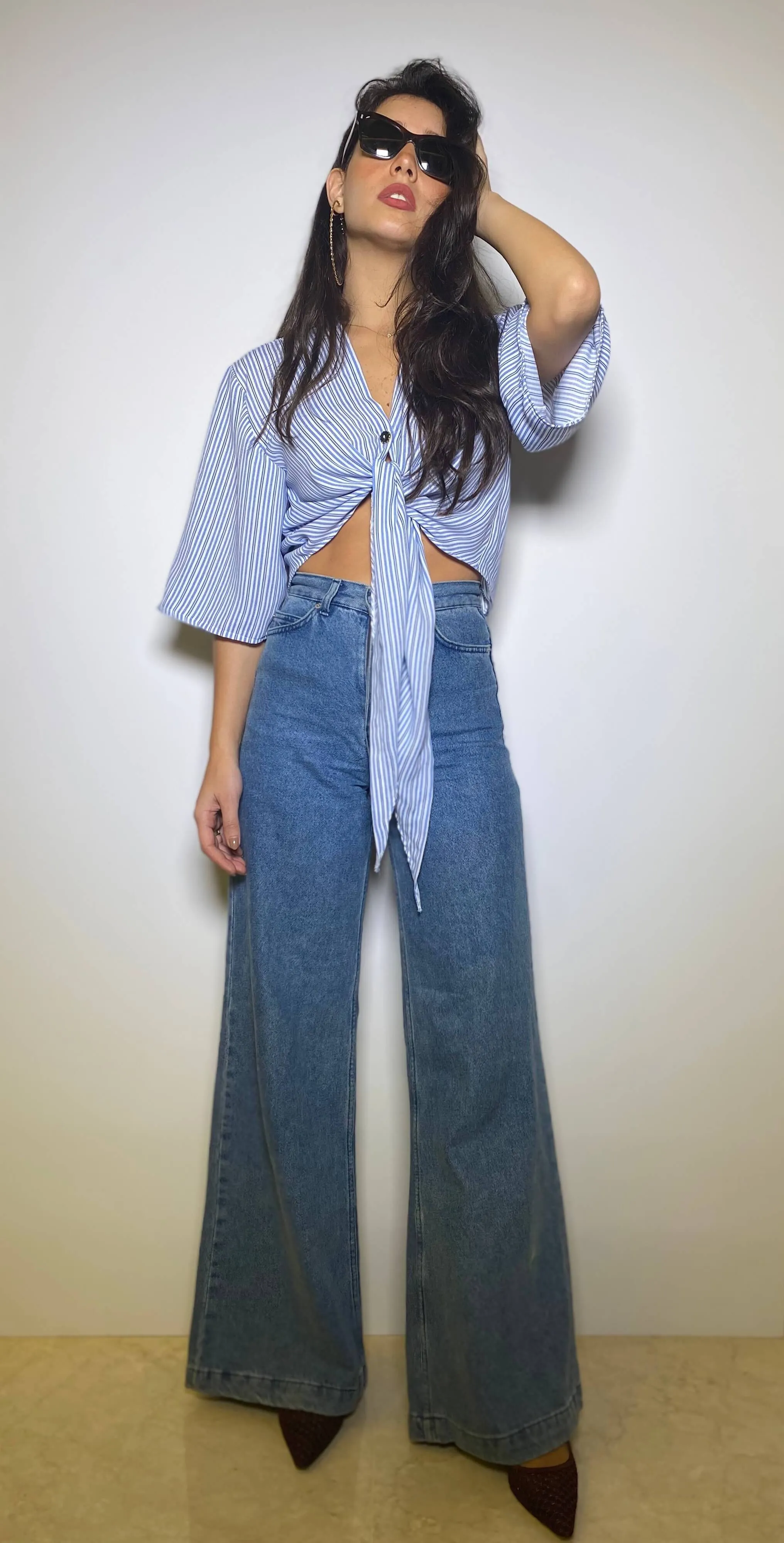 Blue and White Striped Front Tie Crop Top