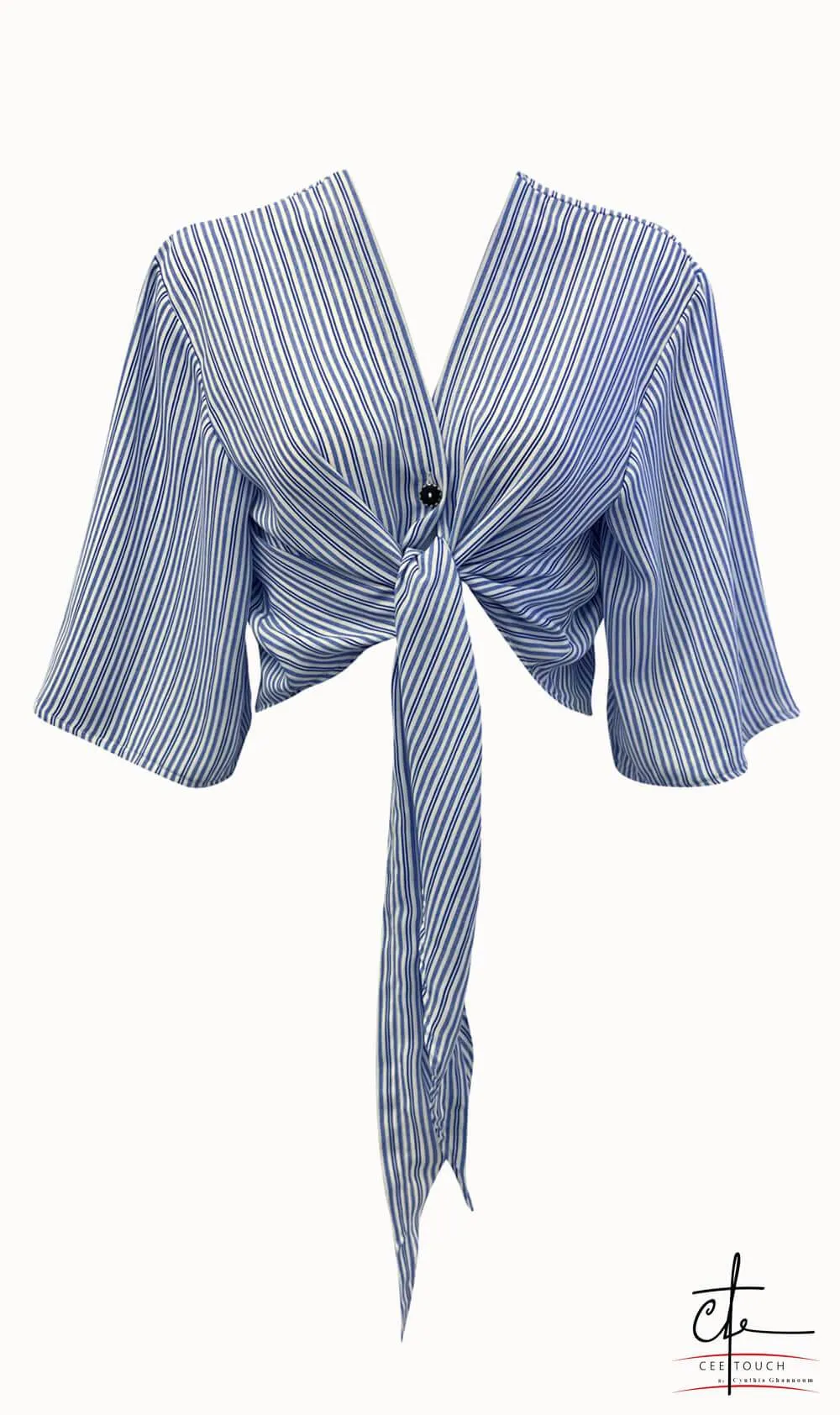 Blue and White Striped Front Tie Crop Top