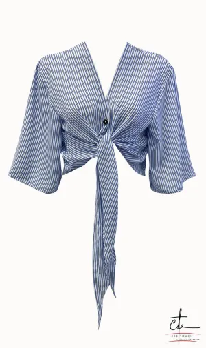 Blue and White Striped Front Tie Crop Top
