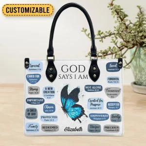 Blue Butterfly God Says I Am Leather Bag