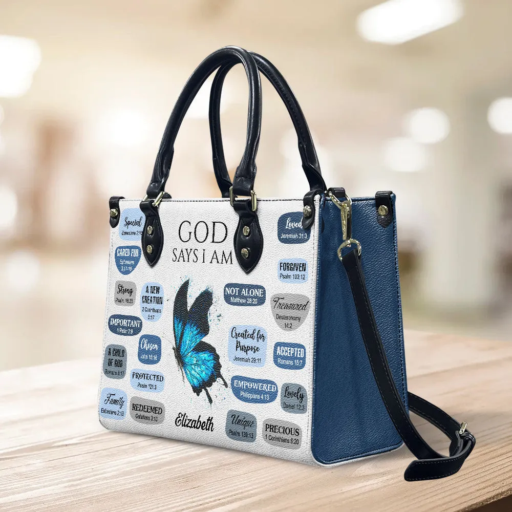 Blue Butterfly God Says I Am Leather Bag
