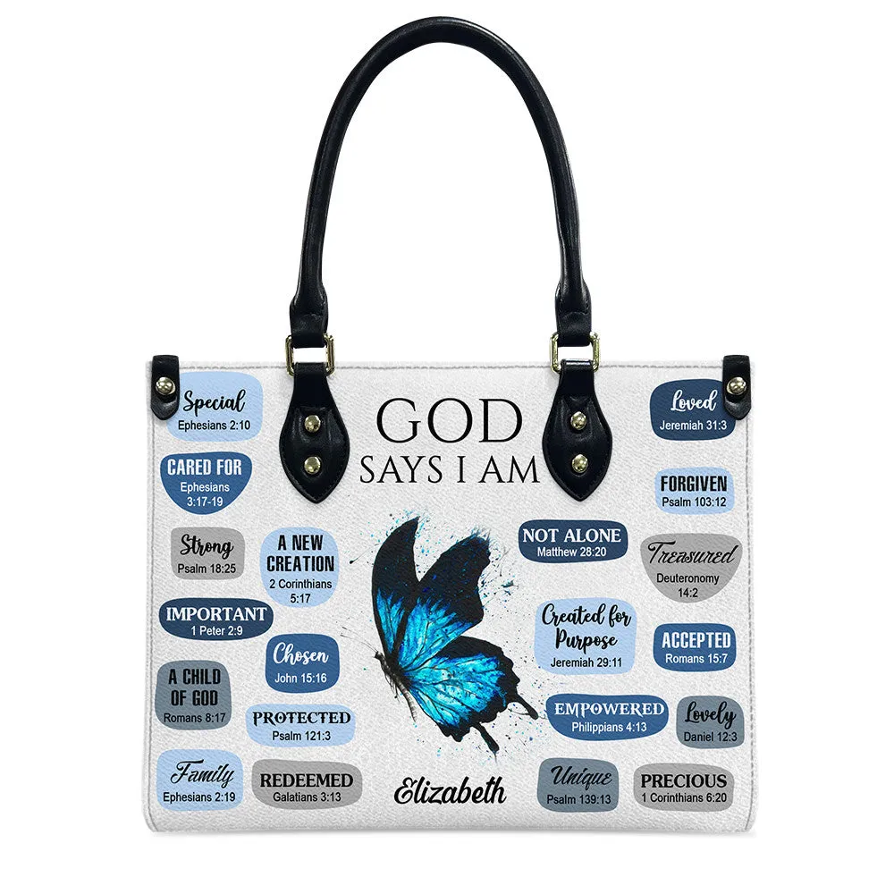 Blue Butterfly God Says I Am Leather Bag