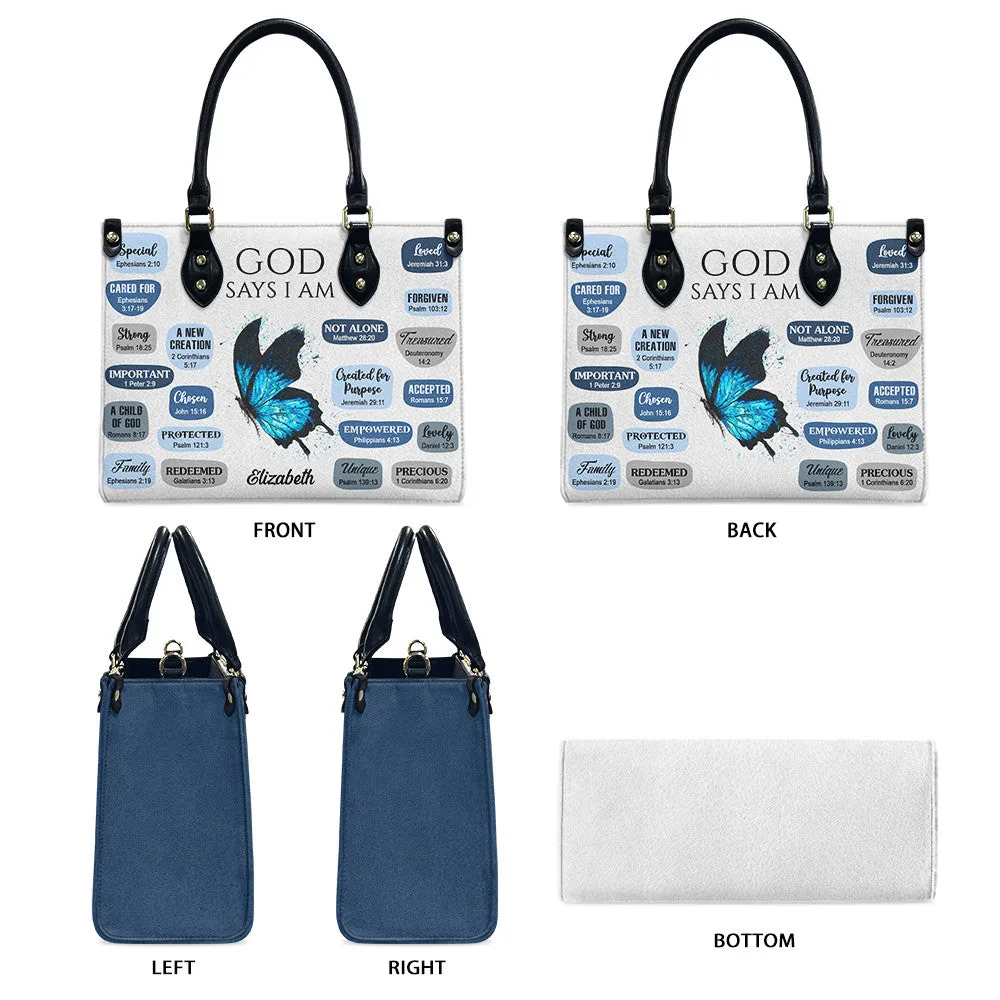 Blue Butterfly God Says I Am Leather Bag