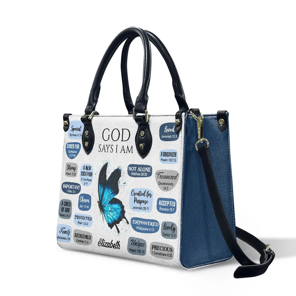 Blue Butterfly God Says I Am Leather Bag