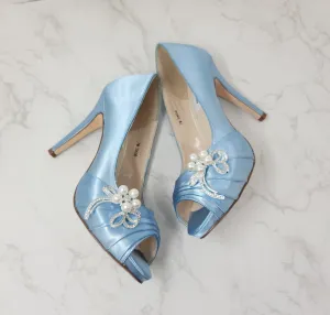 Blue Wedding Shoes with Crystal and Pearl Bow Design