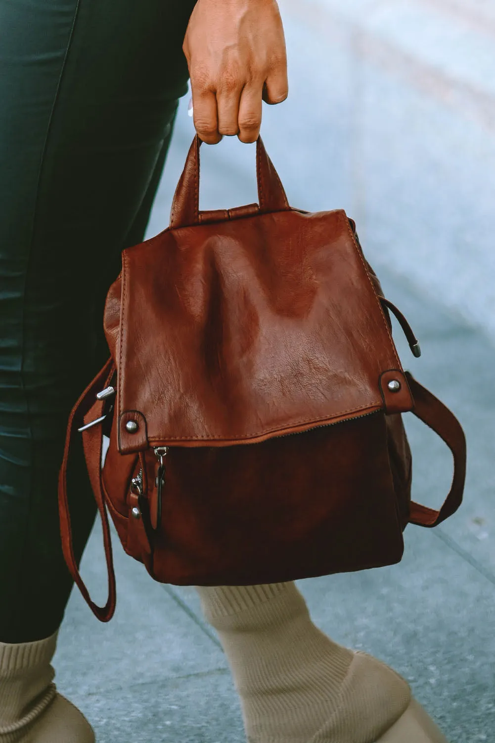 Brown Retro PU Leather Large Capacity Backpack