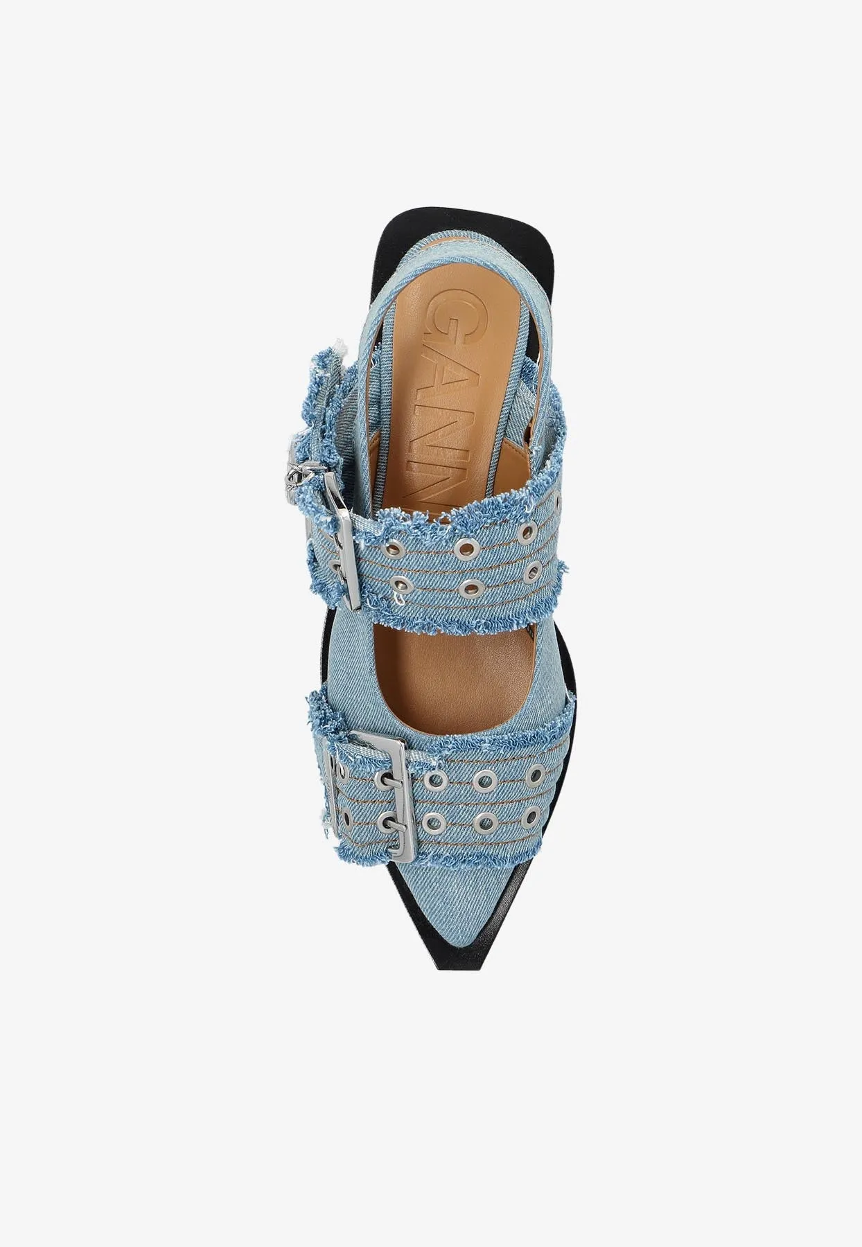 Buckled Pointed-Toe Denim Flats