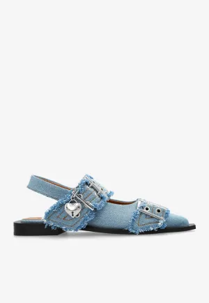 Buckled Pointed-Toe Denim Flats