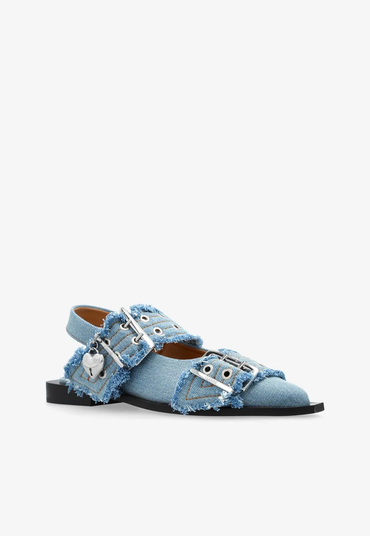 Buckled Pointed-Toe Denim Flats