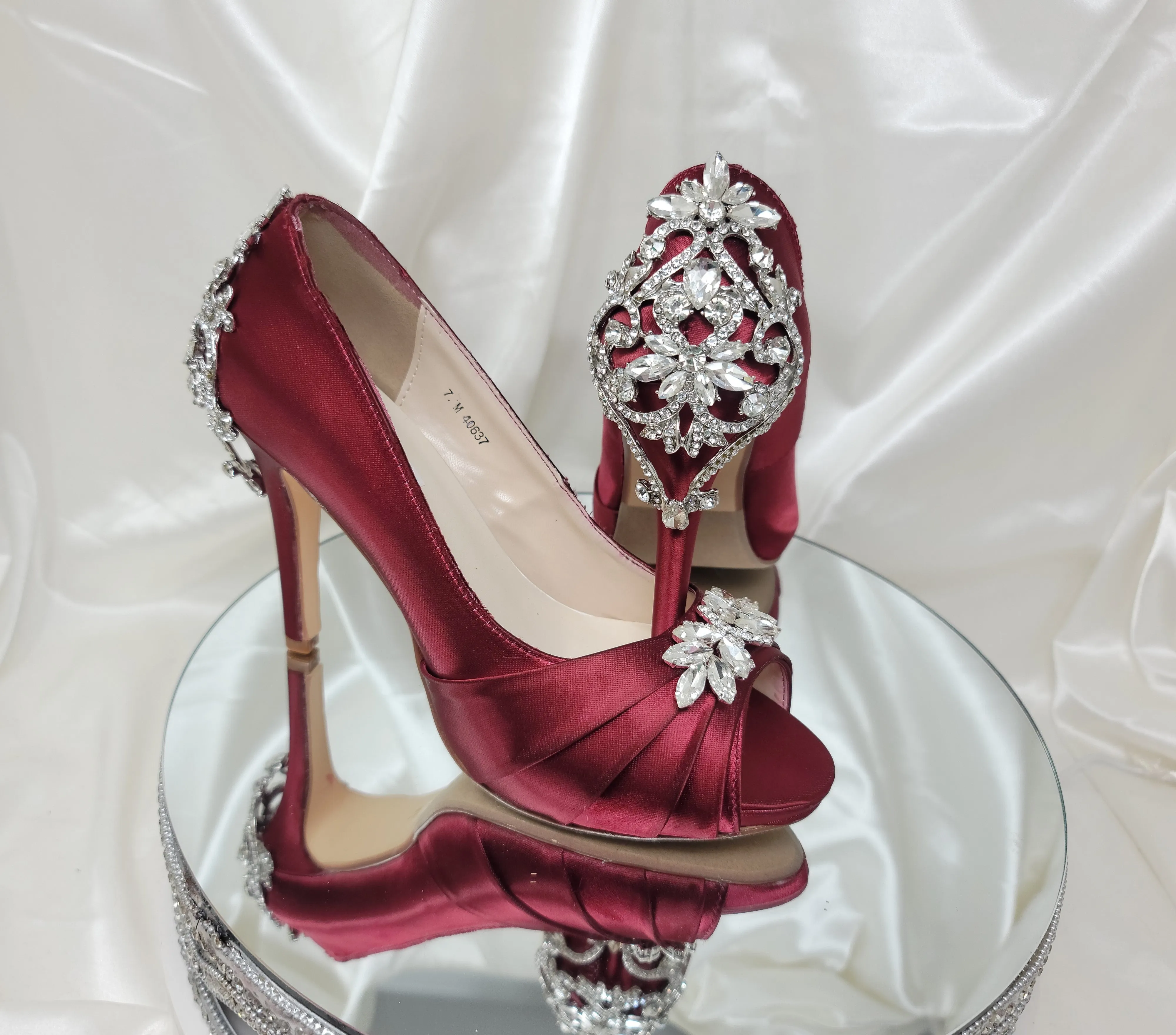Burgundy Bridal Shoes with Sparkling Crystal Front and Heel Design