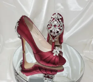 Burgundy Bridal Shoes with Sparkling Crystal Front and Heel Design
