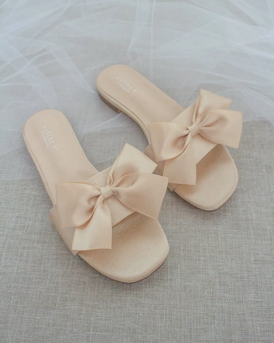Champagne Satin Slip on Sandals with Satin Bow