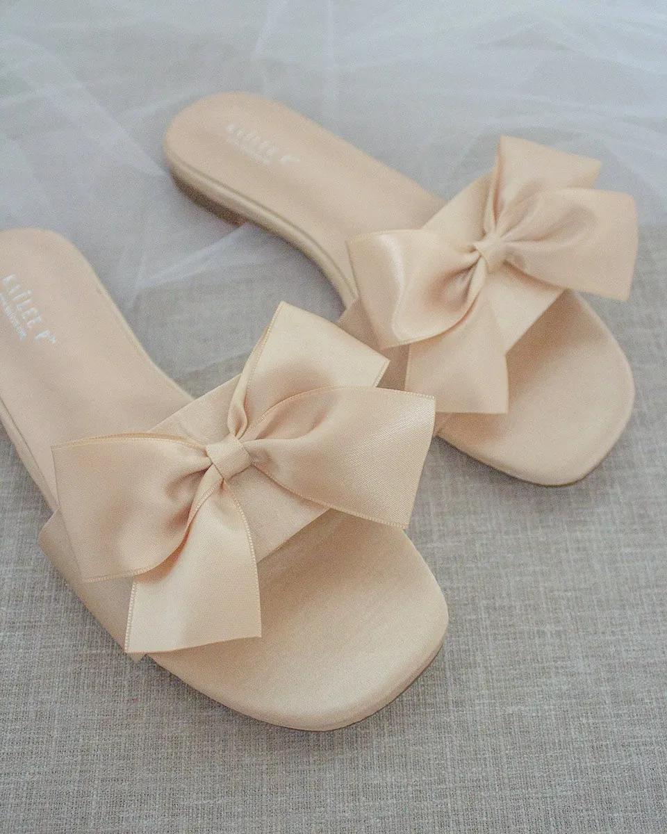 Champagne Satin Slip on Sandals with Satin Bow