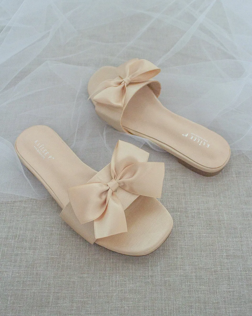 Champagne Satin Slip on Sandals with Satin Bow