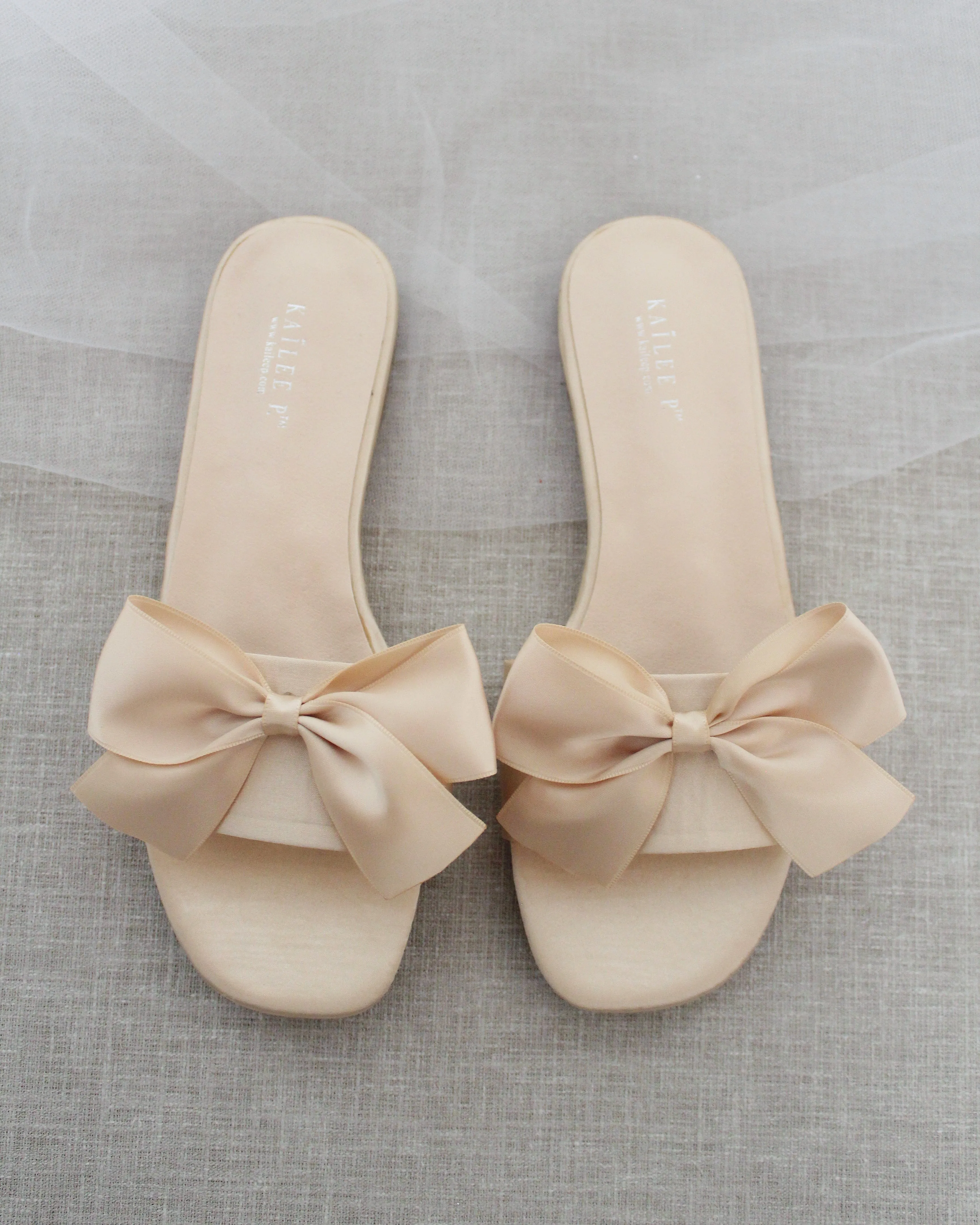 Champagne Satin Slip on Sandals with Satin Bow
