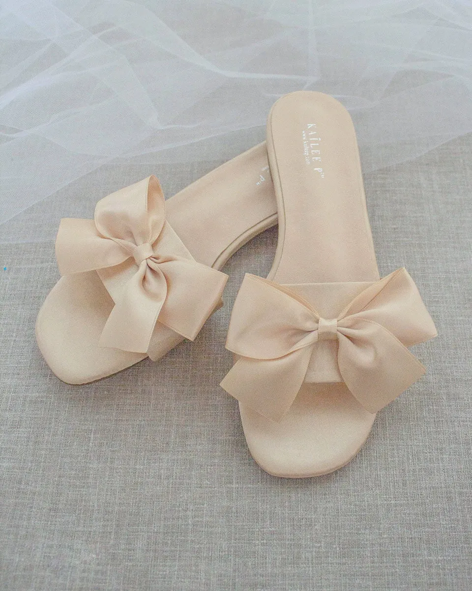 Champagne Satin Slip on Sandals with Satin Bow