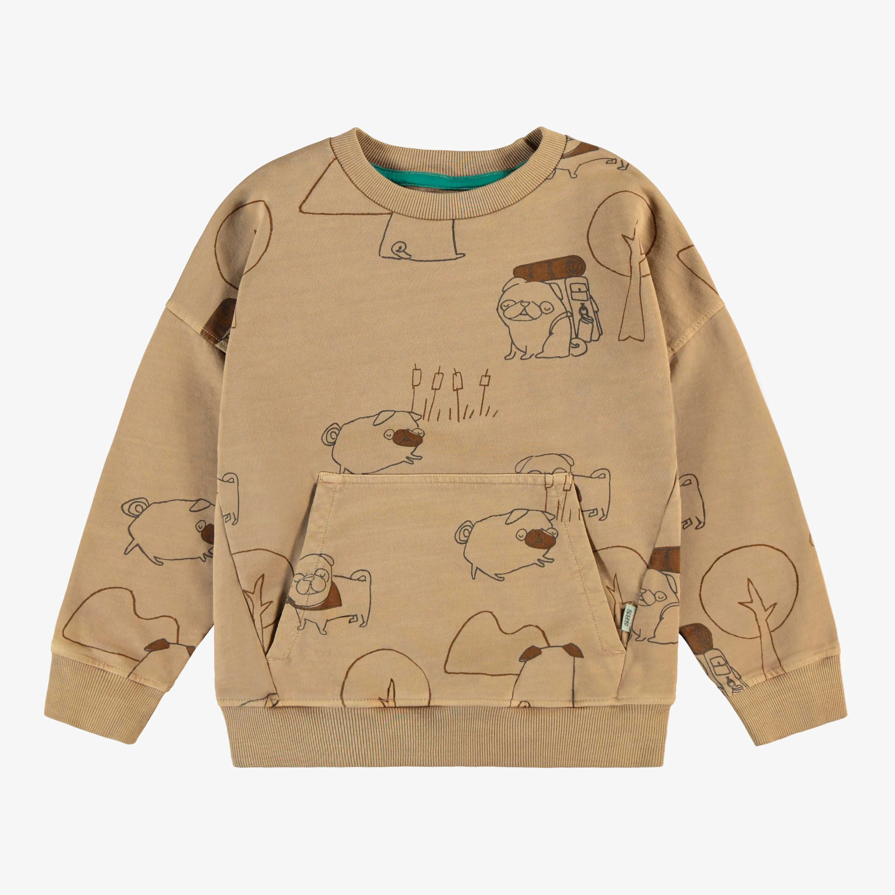 Chandail manches longues de coupe décontractée brun pâle avec illustrations, enfant || Light brown long sleeves patterned relaxed fit sweater with illustration, child