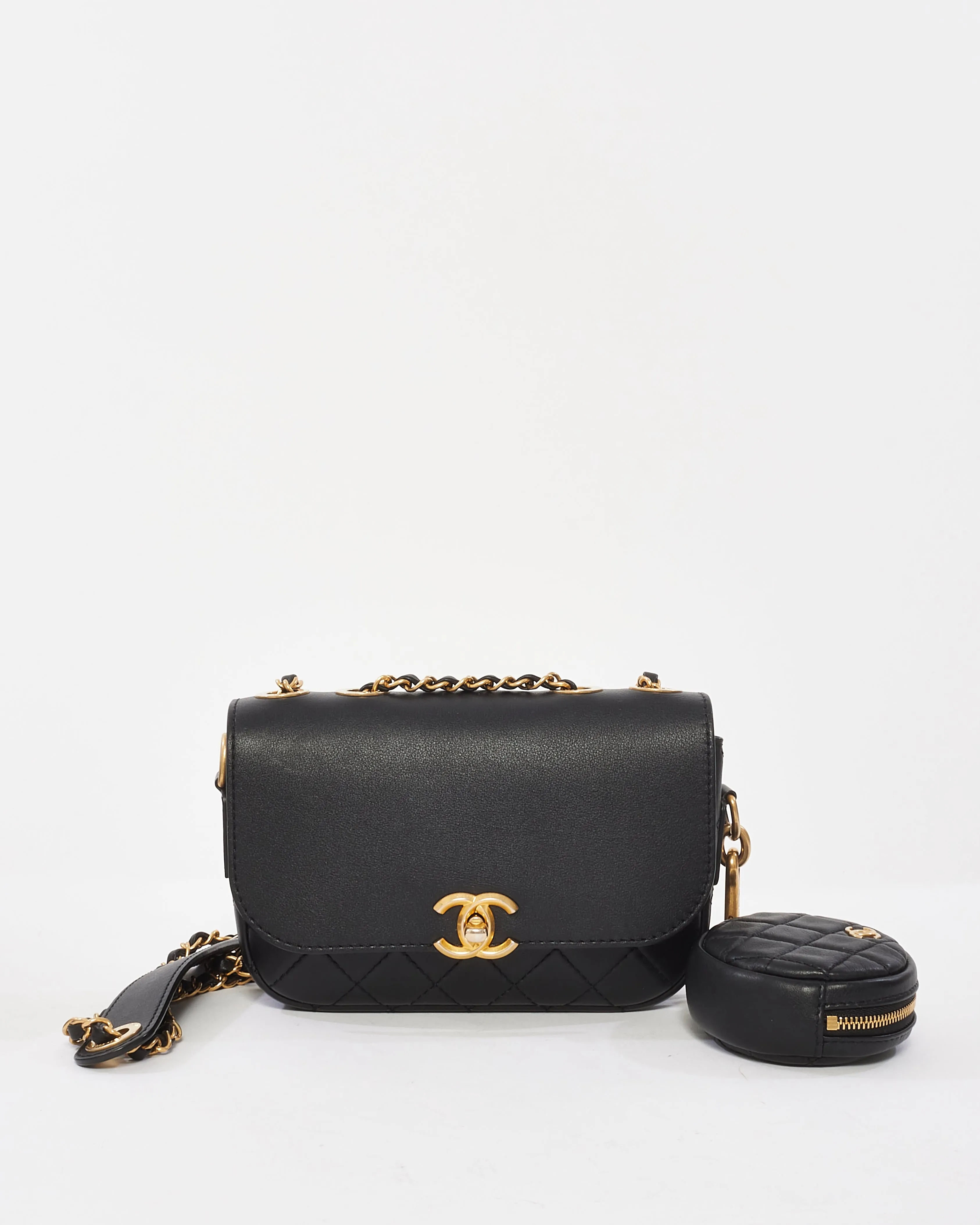 Chanel Black Calfskin Leather Multi Pouching Flap Bag With Coin Purse
