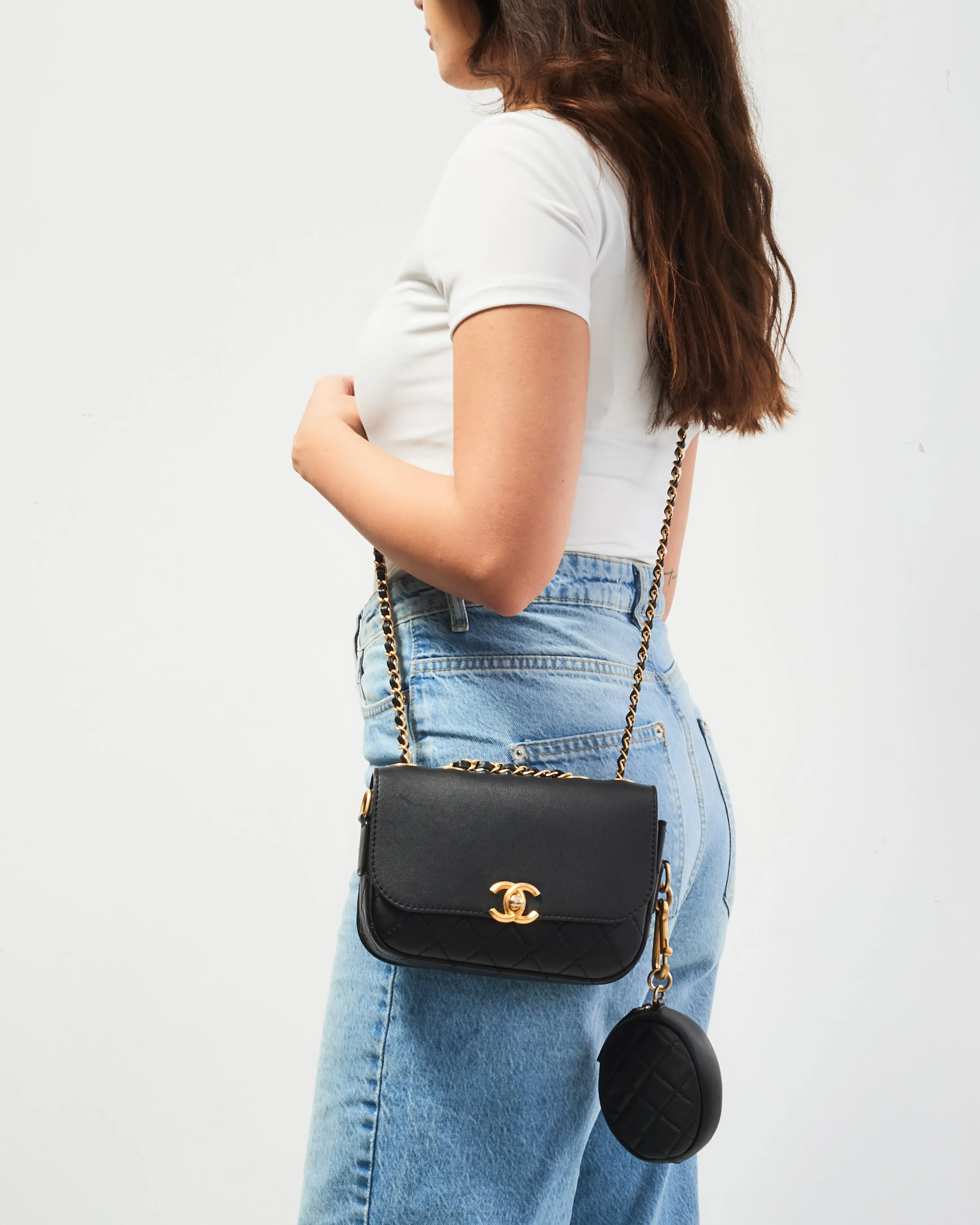 Chanel Black Calfskin Leather Multi Pouching Flap Bag With Coin Purse
