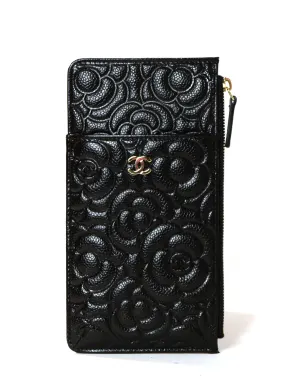 Chanel Black Caviar Camellia Embossed Classic Flat Wallet iPhone Pouch