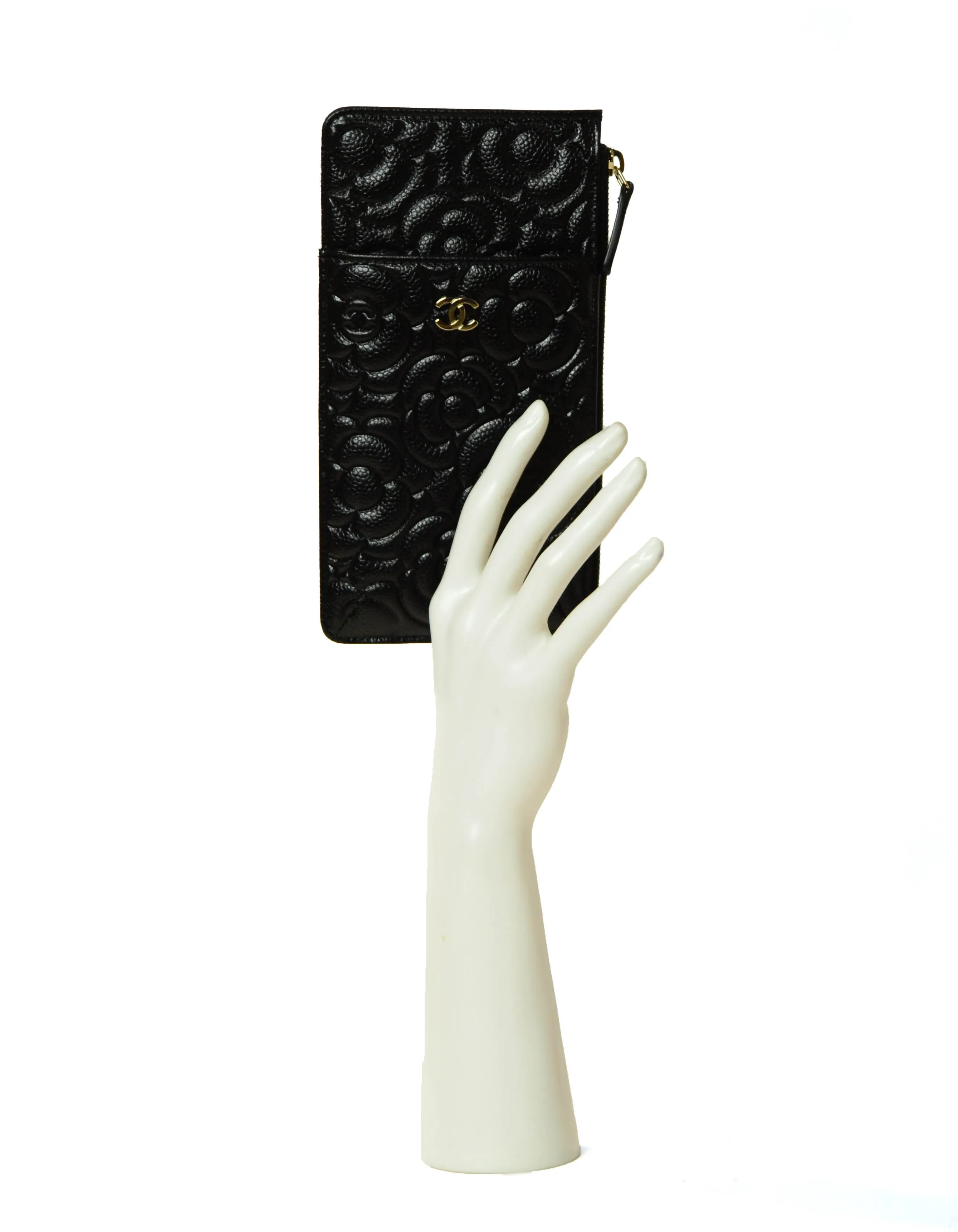 Chanel Black Caviar Camellia Embossed Classic Flat Wallet iPhone Pouch