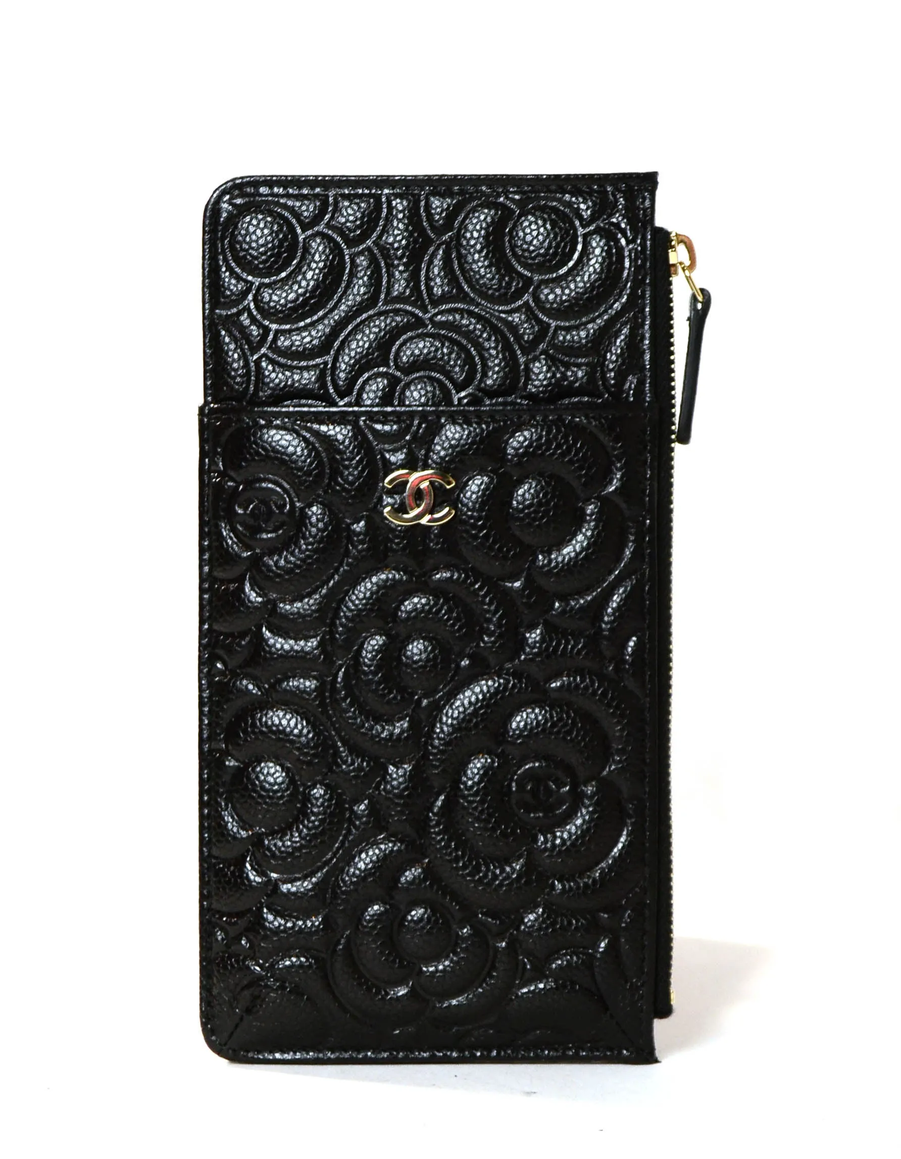 Chanel Black Caviar Camellia Embossed Classic Flat Wallet iPhone Pouch