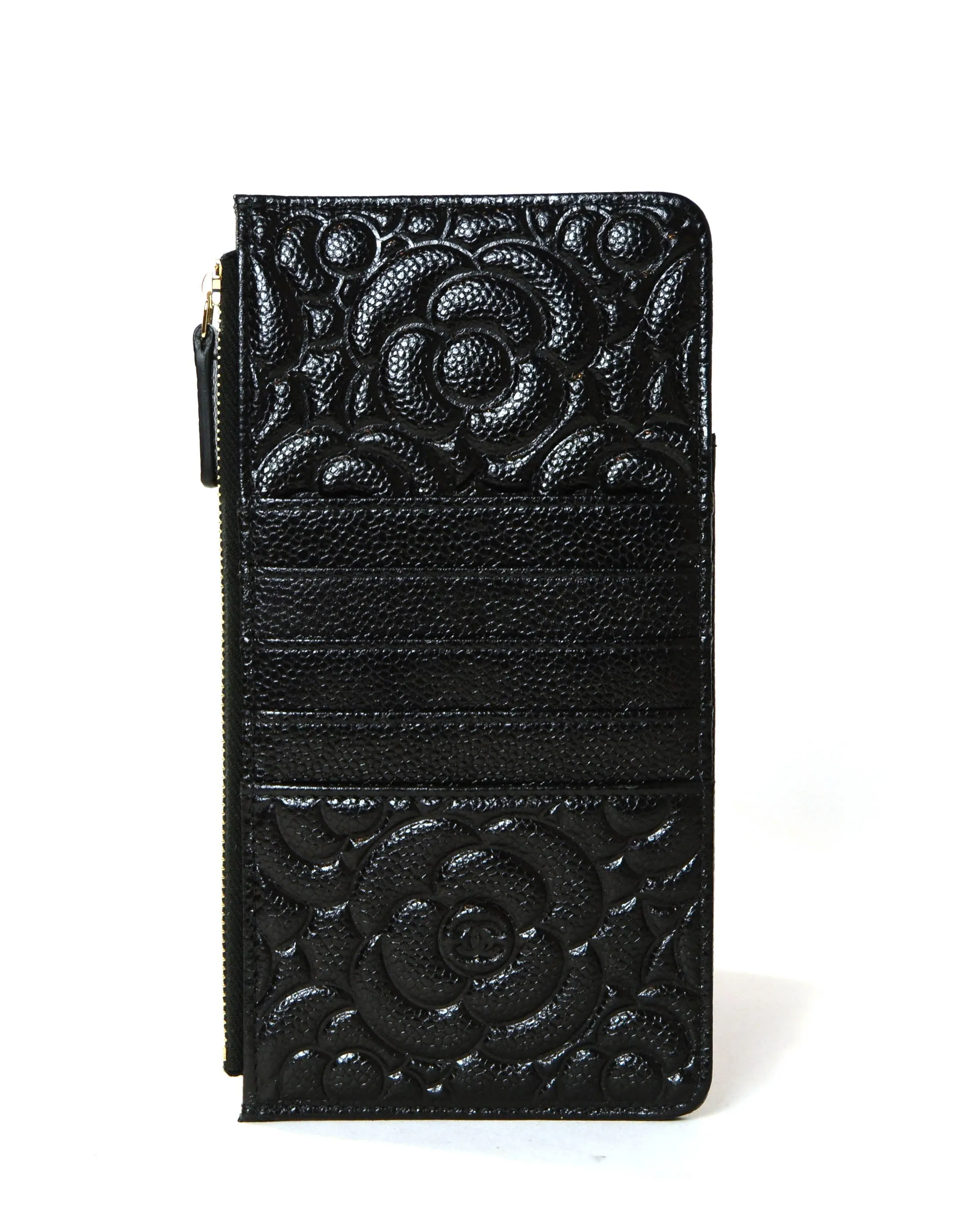 Chanel Black Caviar Camellia Embossed Classic Flat Wallet iPhone Pouch