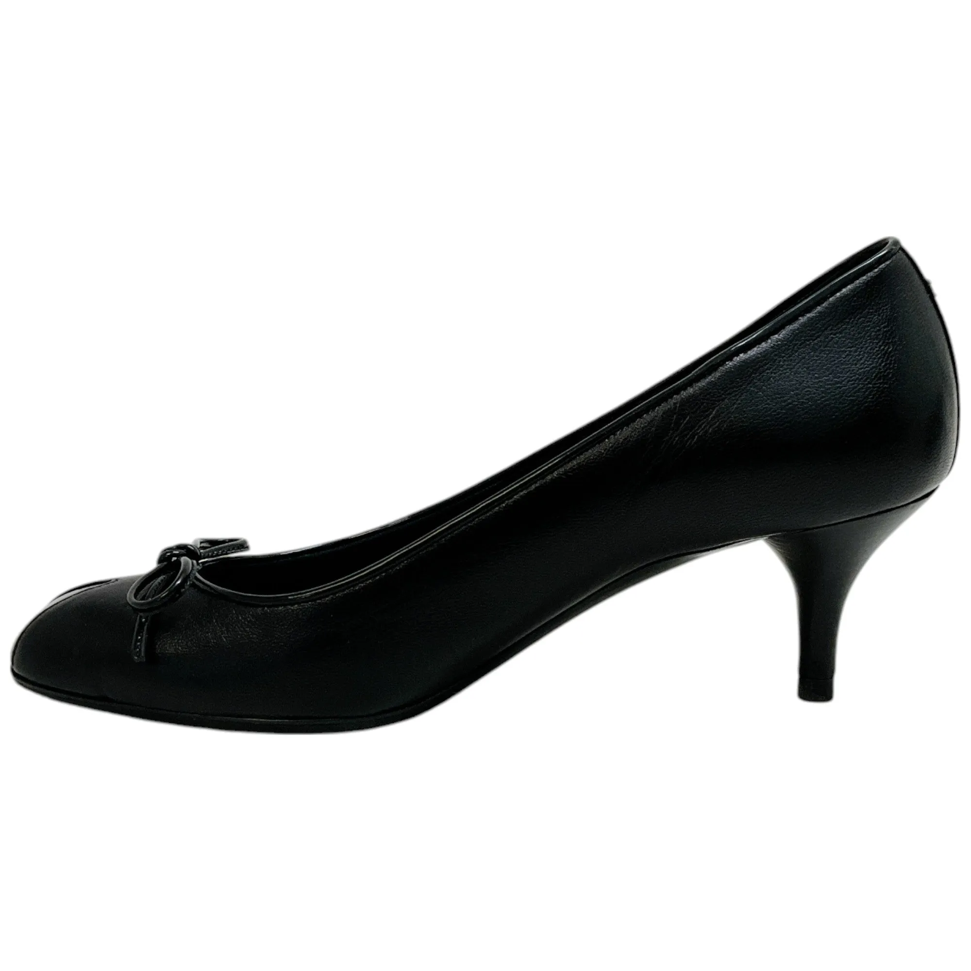 Chanel Black Leather Kitten Heel Pumps with Patent Toe and Bow