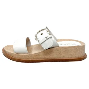 Chanel CC Logo Chain Detail White Leather Wooden Sole Mule Sandals Size EU 37