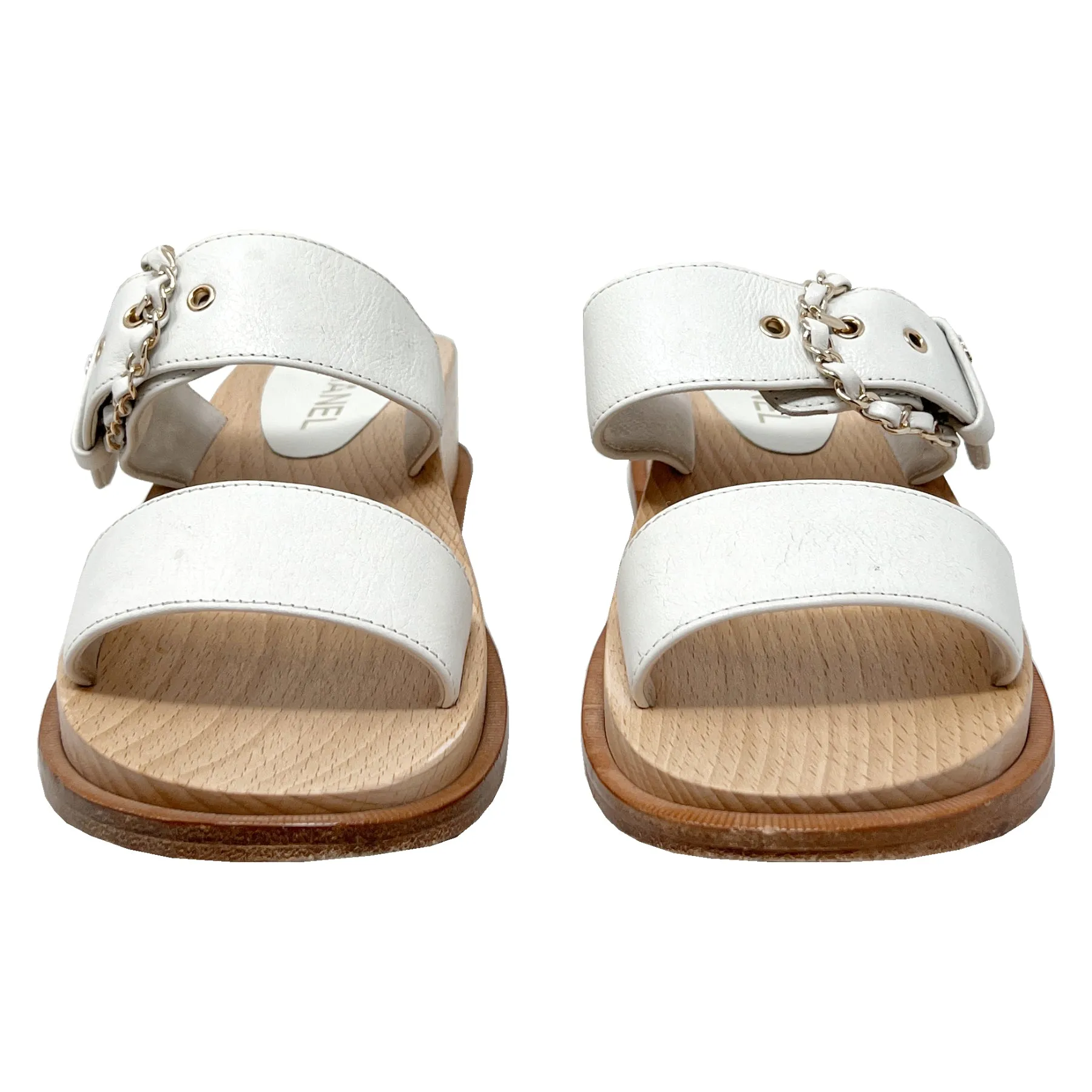 Chanel CC Logo Chain Detail White Leather Wooden Sole Mule Sandals Size EU 37