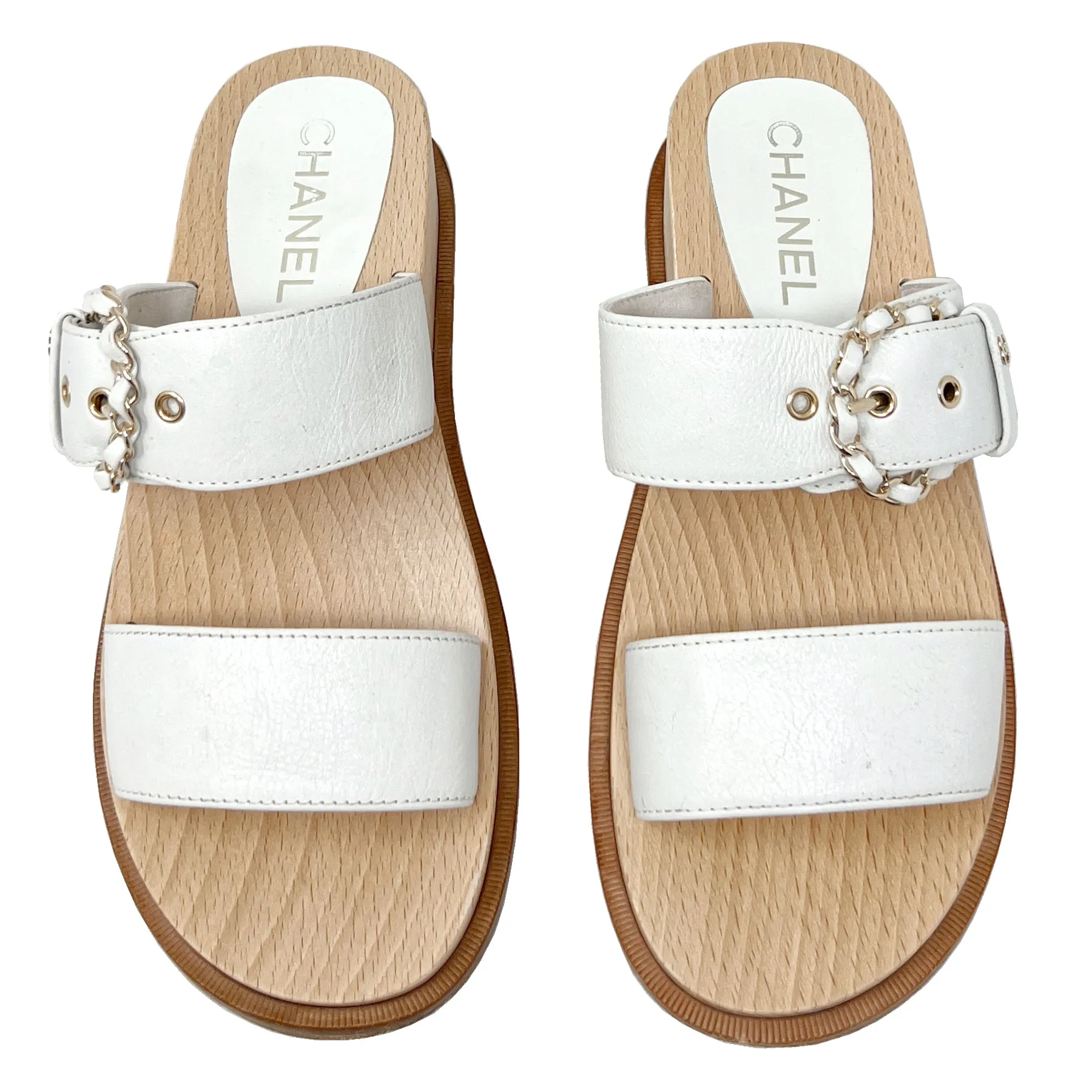 Chanel CC Logo Chain Detail White Leather Wooden Sole Mule Sandals Size EU 37
