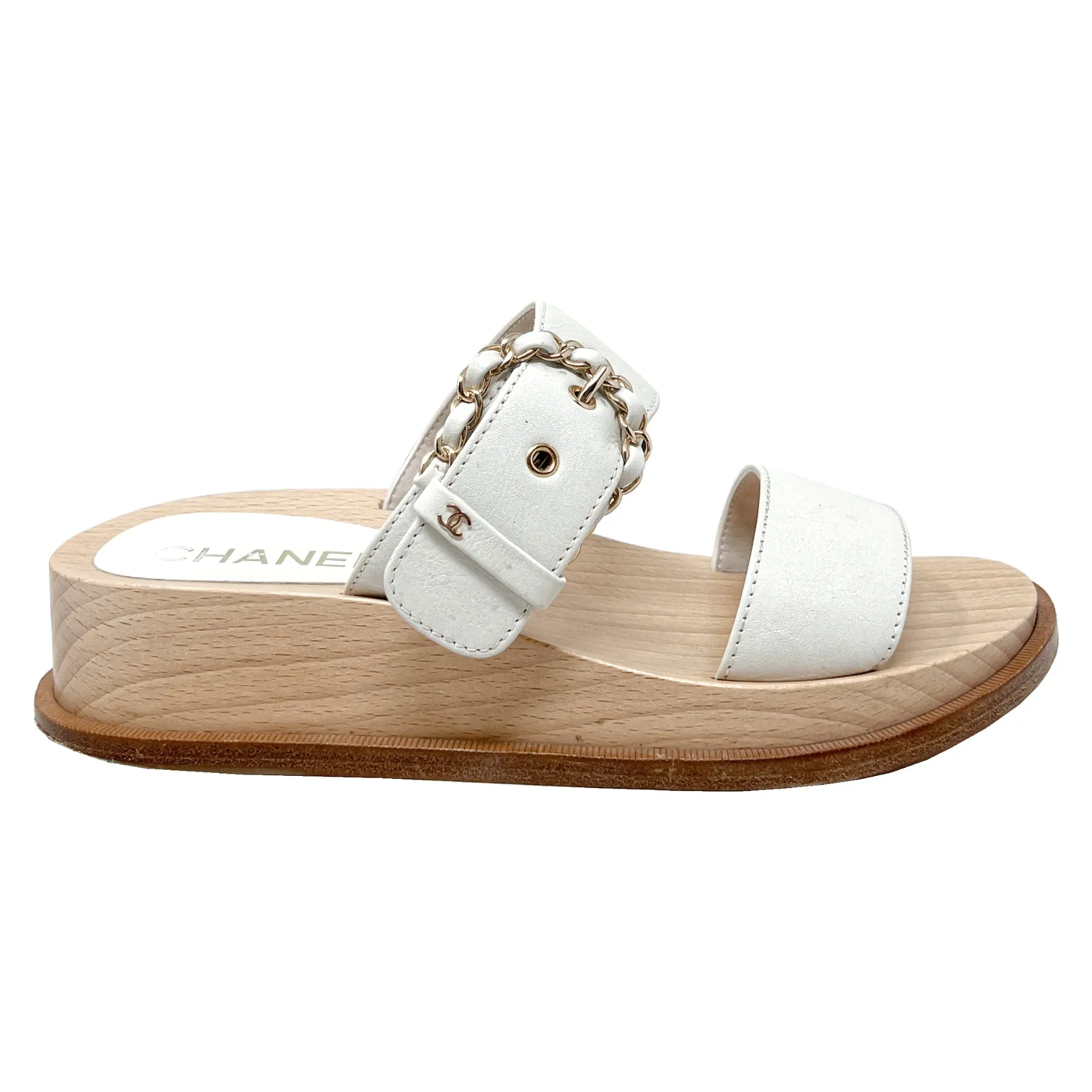 Chanel CC Logo Chain Detail White Leather Wooden Sole Mule Sandals Size EU 37