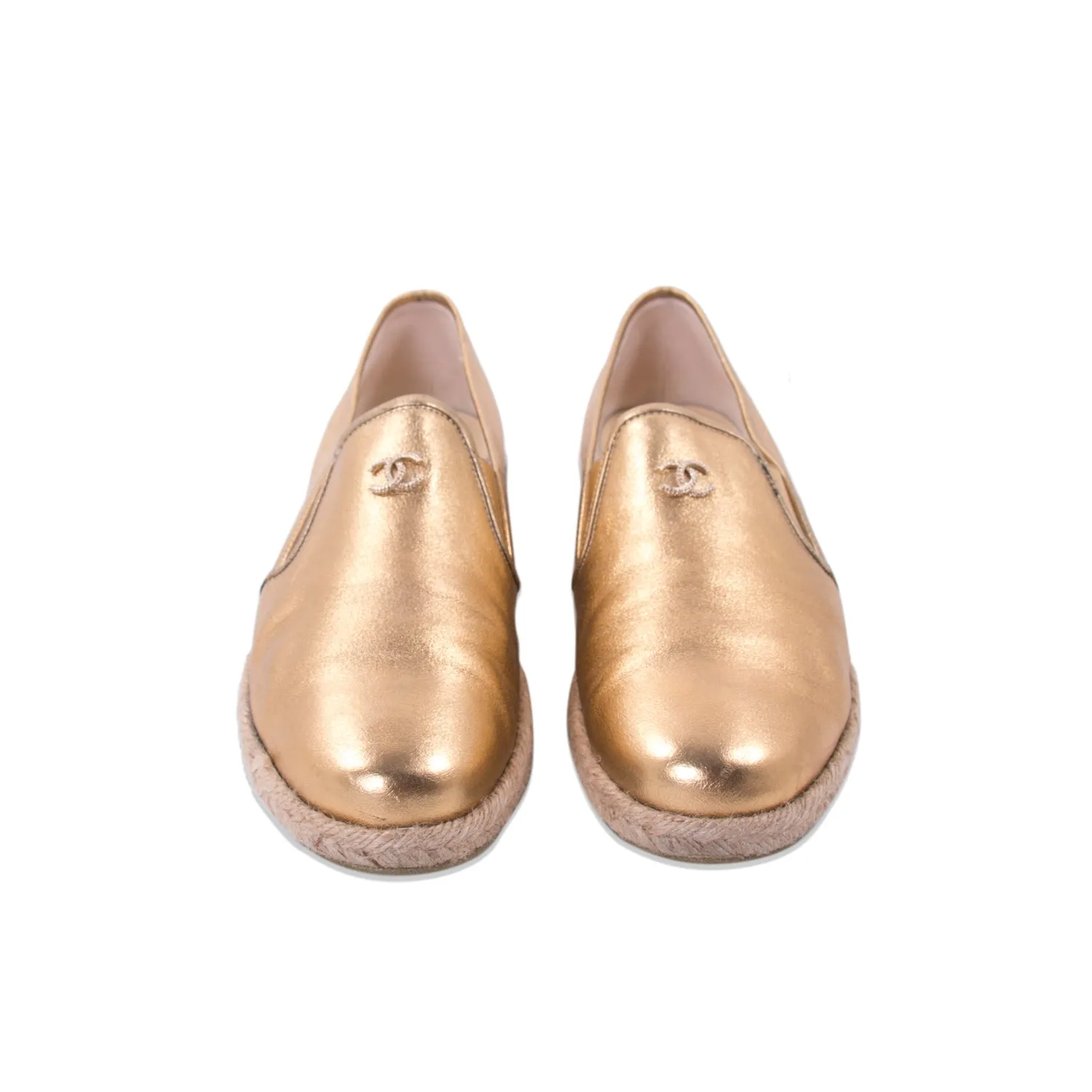 Chanel Gold Metallic Leather Espadrilles Flats