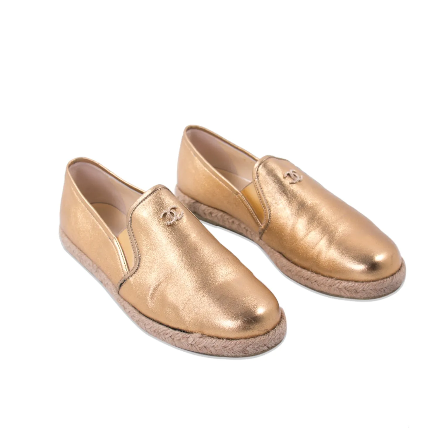 Chanel Gold Metallic Leather Espadrilles Flats